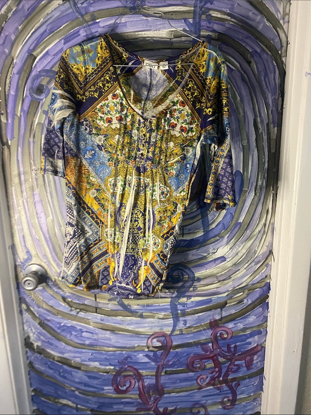 Cato Bohemian V-Neck Tunic in Blue, Yellow, Gold and White